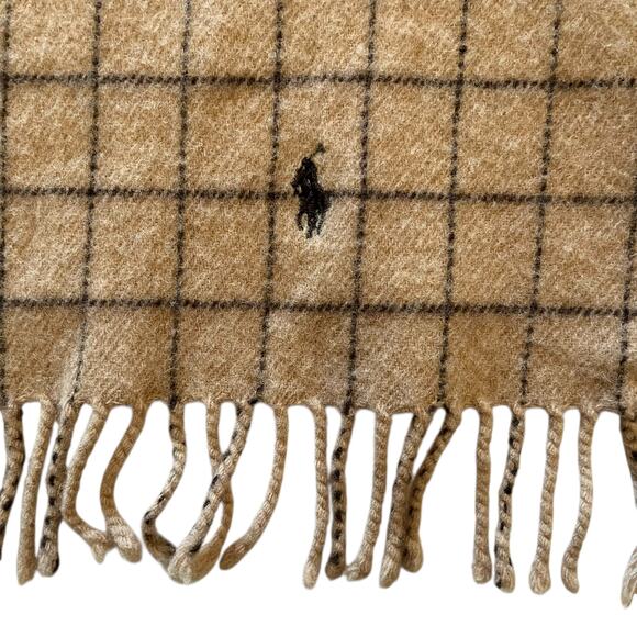 Vintage Polo Ralph Lauren Camel Tan Check Lambswool Fringe Muffler Scarf - Picture 3 of 7